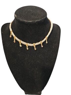 Vintage Napier Tiny Gray Faux Pearls Amber Rhinestones Gold Tone Choker Necklace